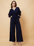 V Cut & Kimono Sleeves Waist Tie-Up Longline Jumpsuit