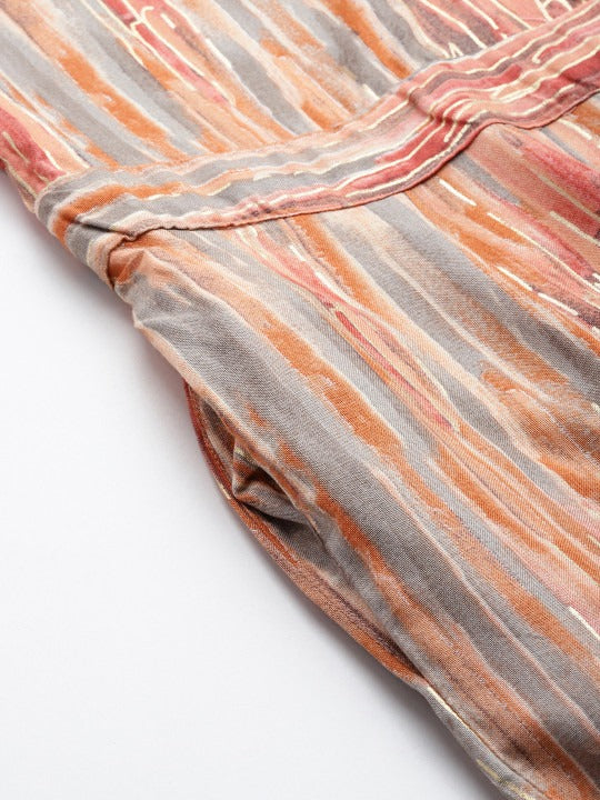 Peach-coloured Shawl Neck Striped Basic Jumpsuit