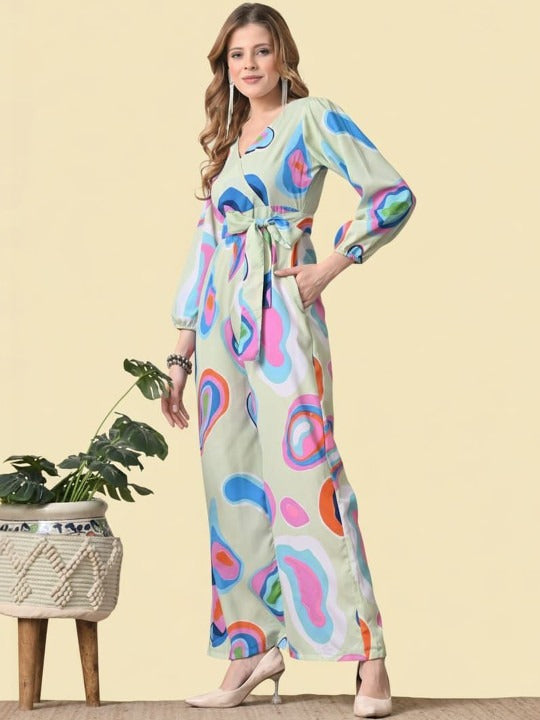 Green, Pink and Blue Printed V Neck Long Sleeves Waist Tie-Ups Basic Jumpsuit