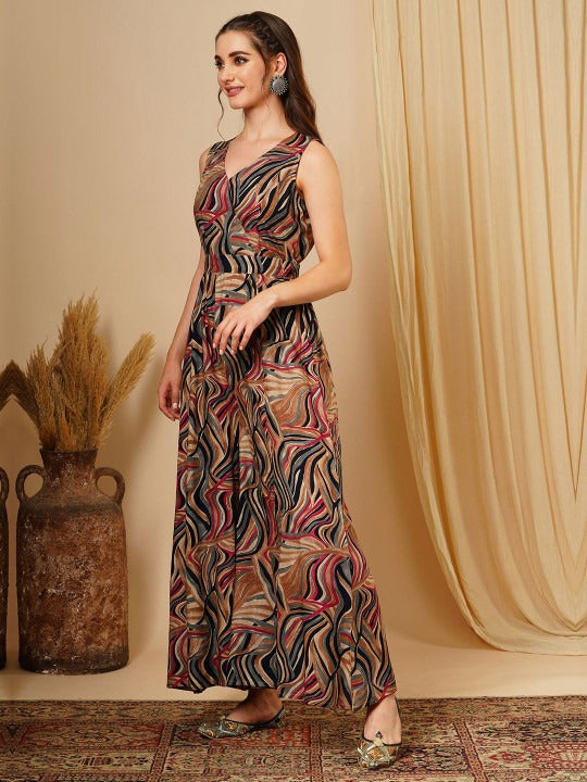 Abstract Print Wrap V-Neck Waist tie Up Flared Hem Fusion Jumpsuit