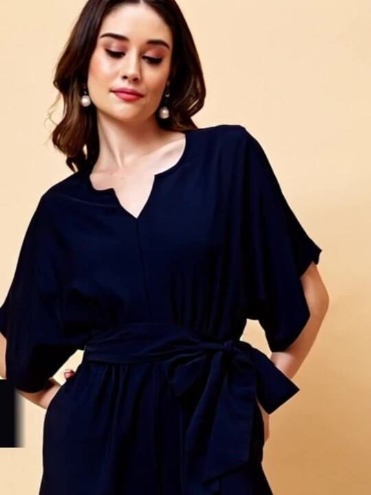 V Cut & Kimono Sleeves Waist Tie-Up Longline Jumpsuit