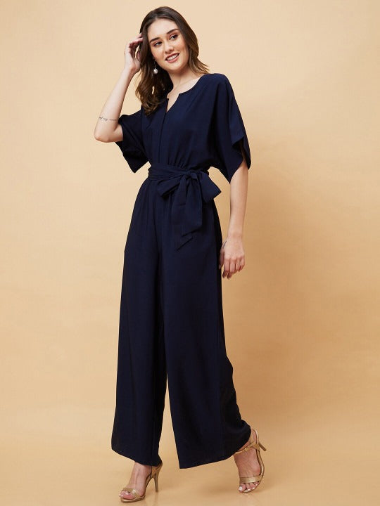 V Cut & Kimono Sleeves Waist Tie-Up Longline Jumpsuit