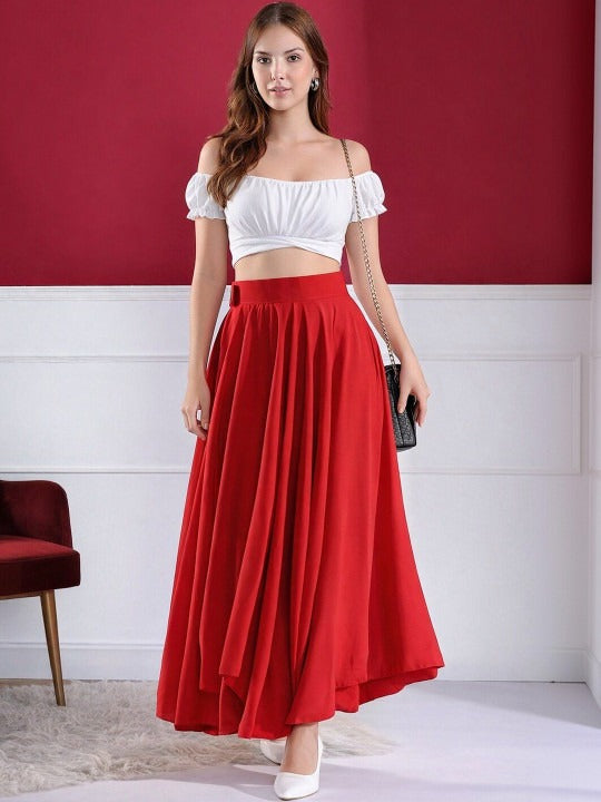 Red Solid Top with Skirt