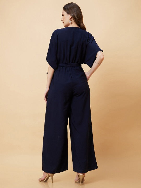 V Cut & Kimono Sleeves Waist Tie-Up Longline Jumpsuit