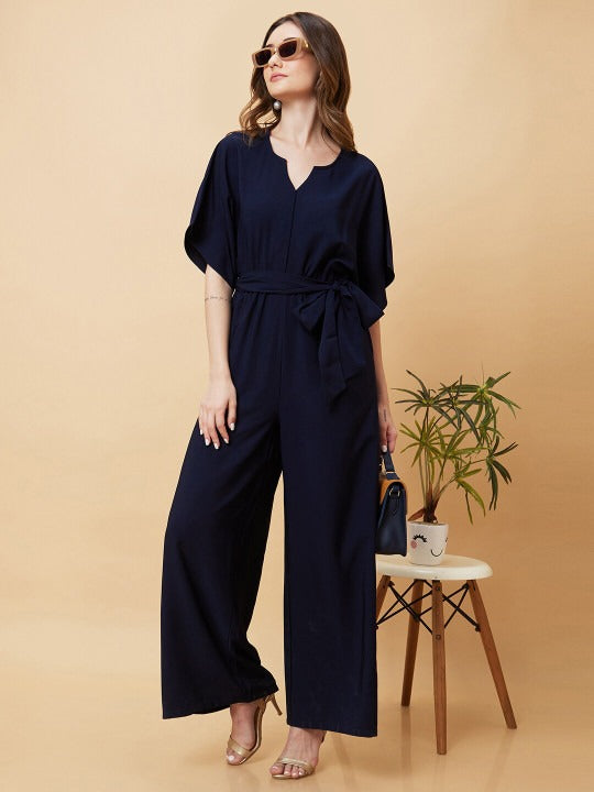 V Cut & Kimono Sleeves Waist Tie-Up Longline Jumpsuit