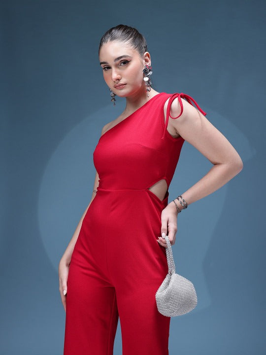 One Shoulder Tie-Ups Cut-Out Detail Basic Jumpsuit