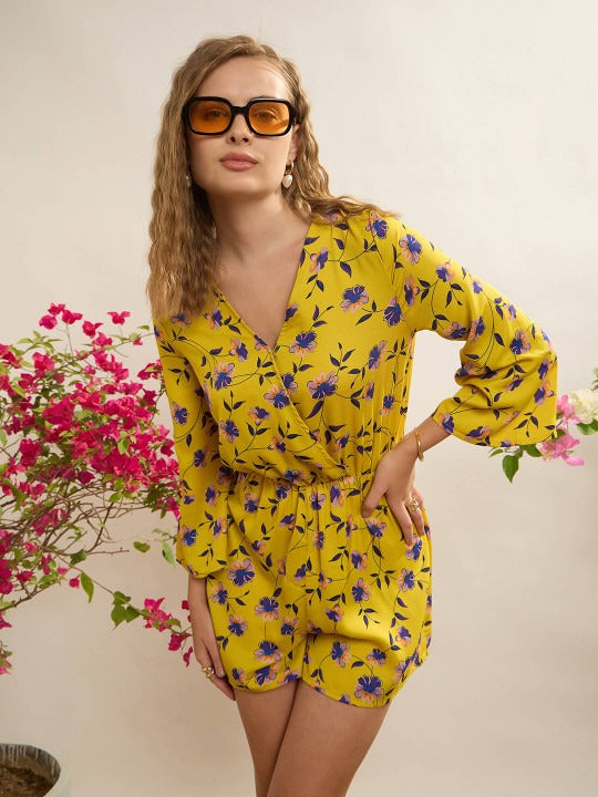 Yellow and blue Floral printed playsuit