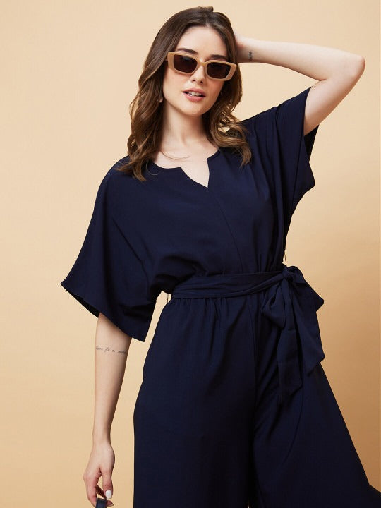 V Cut & Kimono Sleeves Waist Tie-Up Longline Jumpsuit