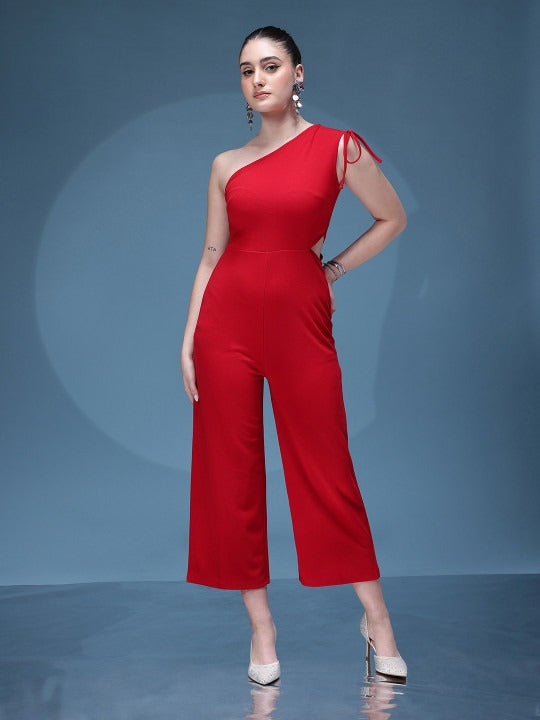 One Shoulder Tie-Ups Cut-Out Detail Basic Jumpsuit