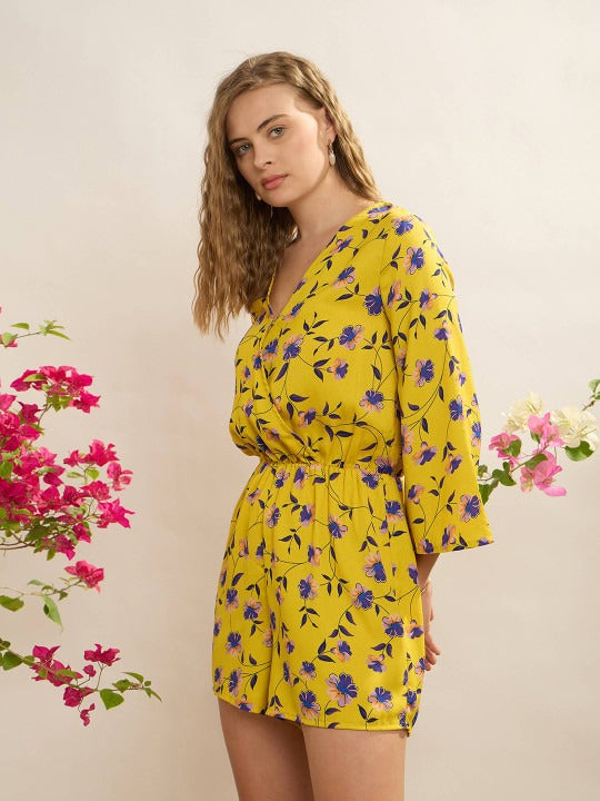 Yellow and blue Floral printed playsuit