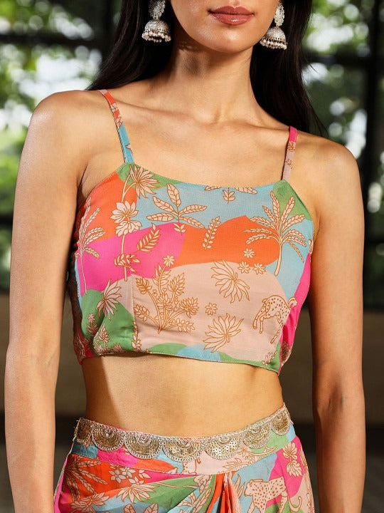 Printed Scoop Neck Top & Skirt With Shrug