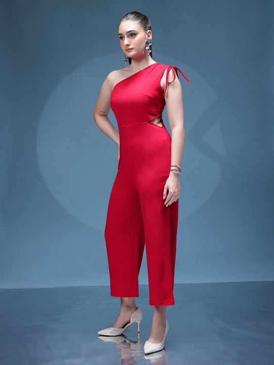One Shoulder Tie-Ups Cut-Out Detail Basic Jumpsuit