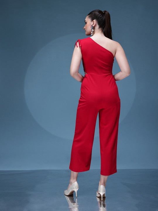 One Shoulder Tie-Ups Cut-Out Detail Basic Jumpsuit