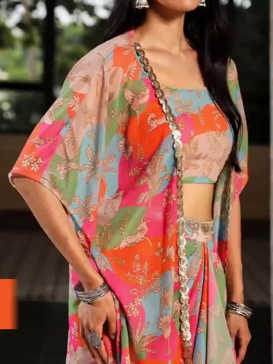 Printed Scoop Neck Top & Skirt With Shrug