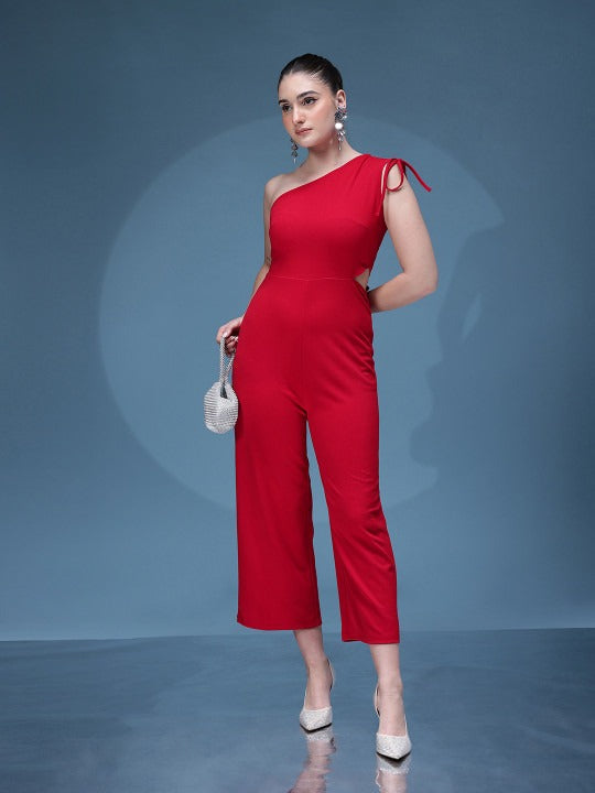 One Shoulder Tie-Ups Cut-Out Detail Basic Jumpsuit
