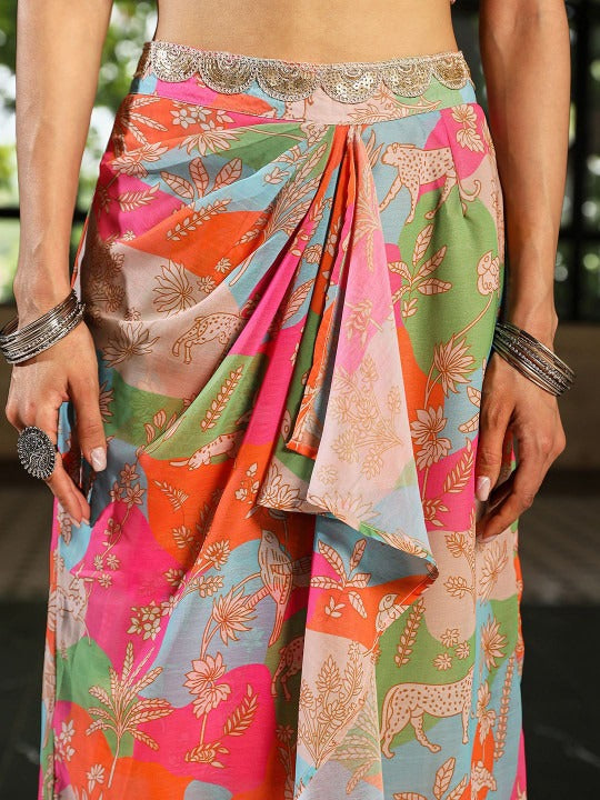 Printed Scoop Neck Top & Skirt With Shrug