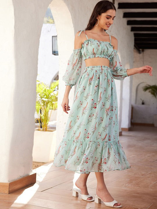 Green Printed Top & Skirt