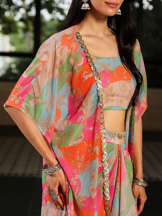 Printed Scoop Neck Top & Skirt With Shrug