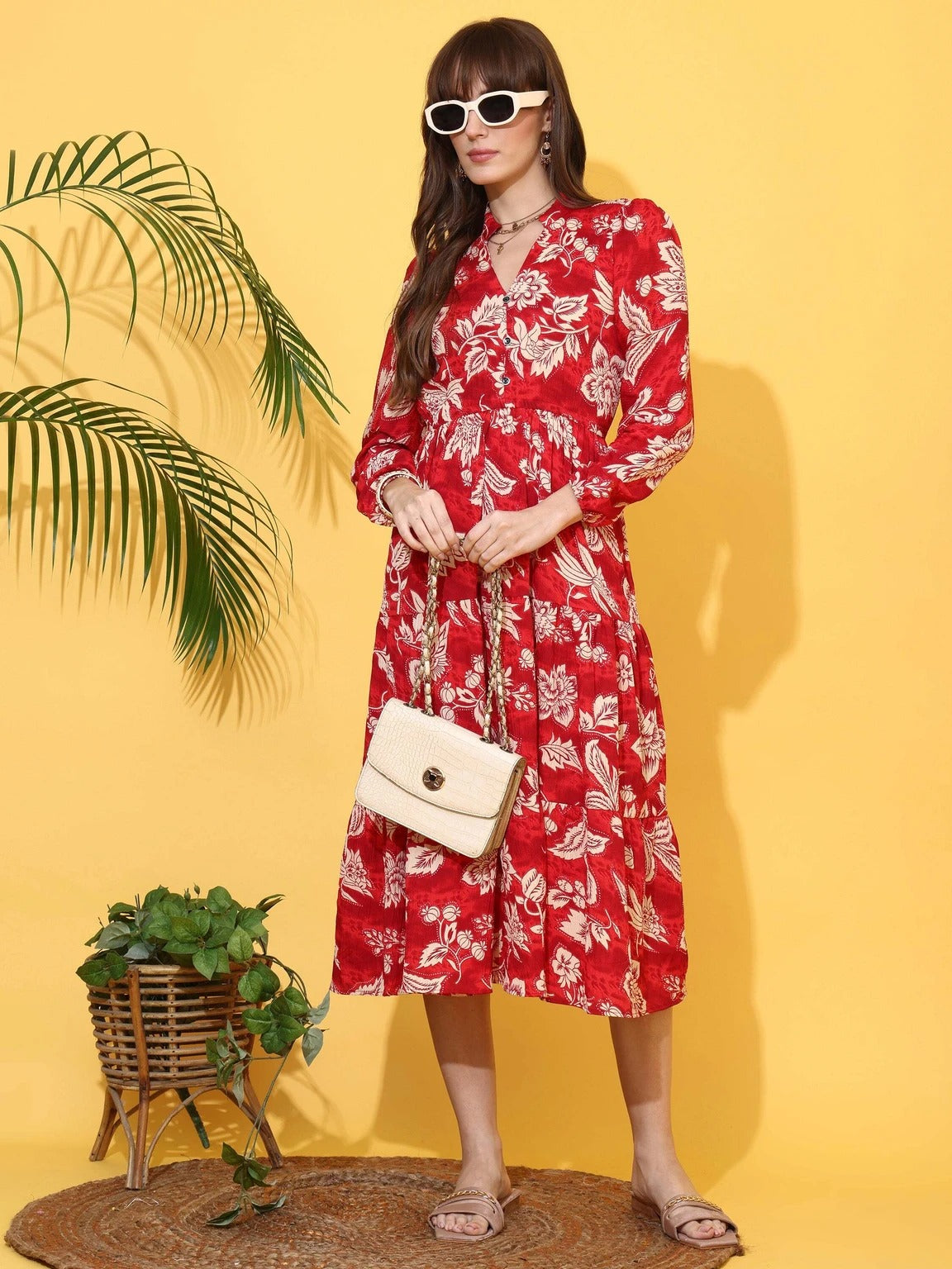 Women Fit and Flare Red, White Below Knee Dress