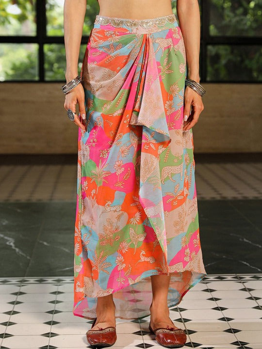 Printed Scoop Neck Top & Skirt With Shrug