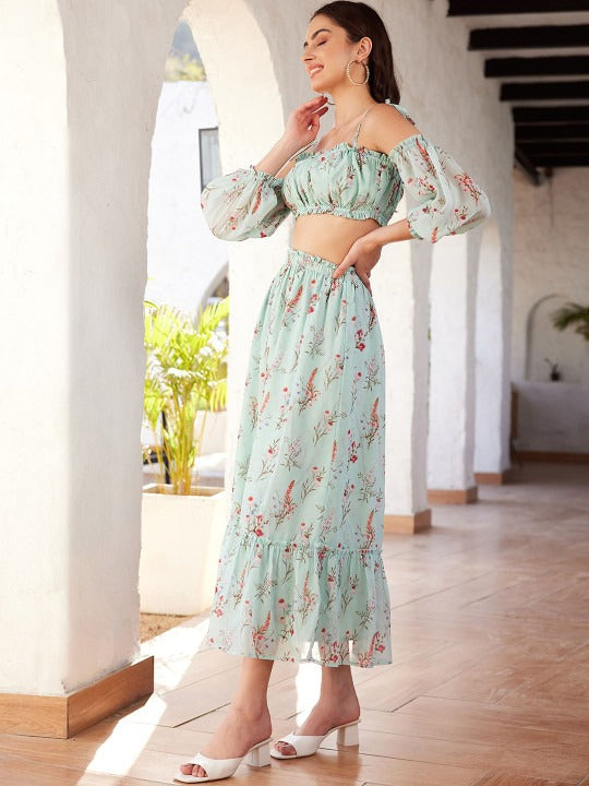 Green Printed Top & Skirt