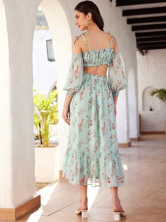 Green Printed Top & Skirt