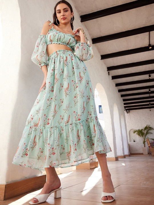 Green Printed Top & Skirt
