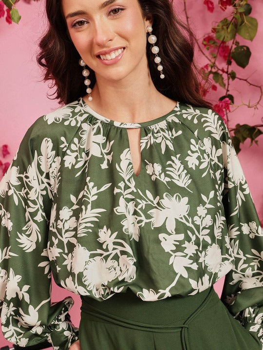 Floral Printed Long Sleeves Basic Jumpsuit