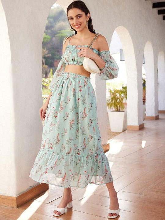 Green Printed Top & Skirt
