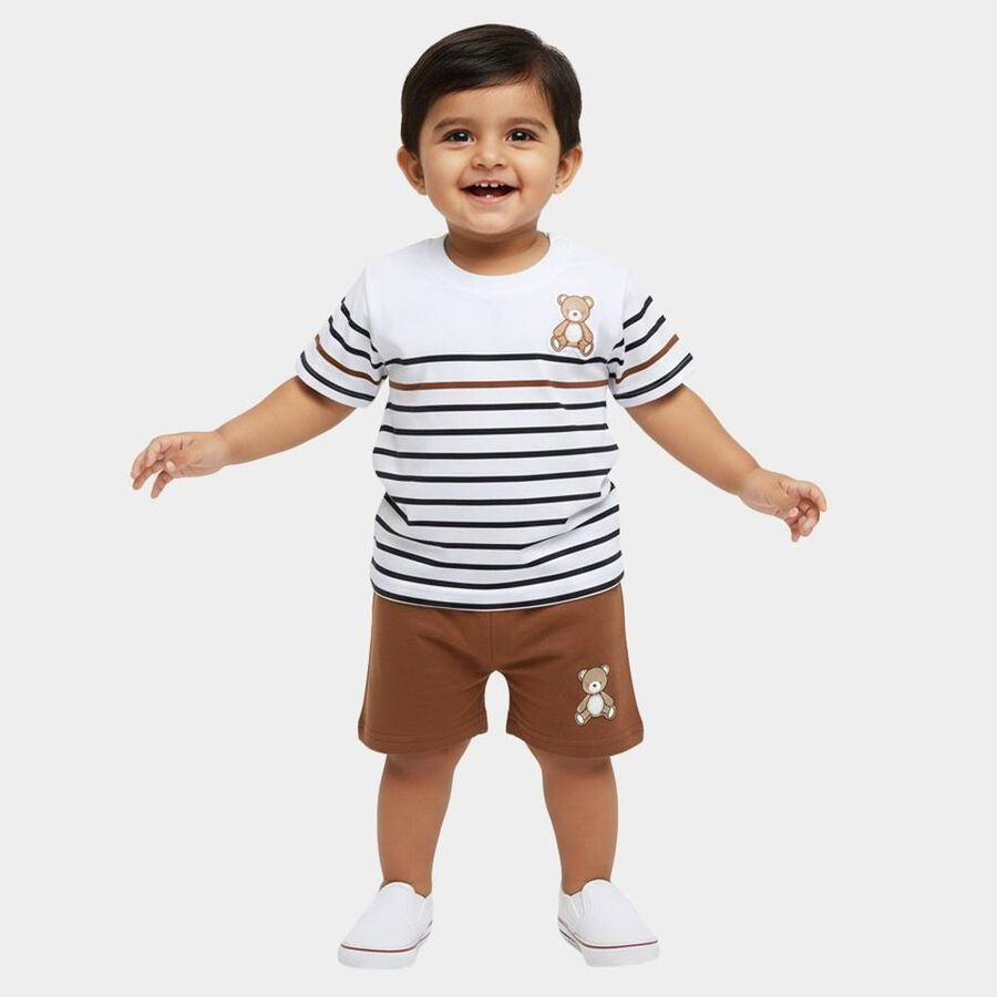 Infants' Beige Cotton Round Neck Striped Baba Suit