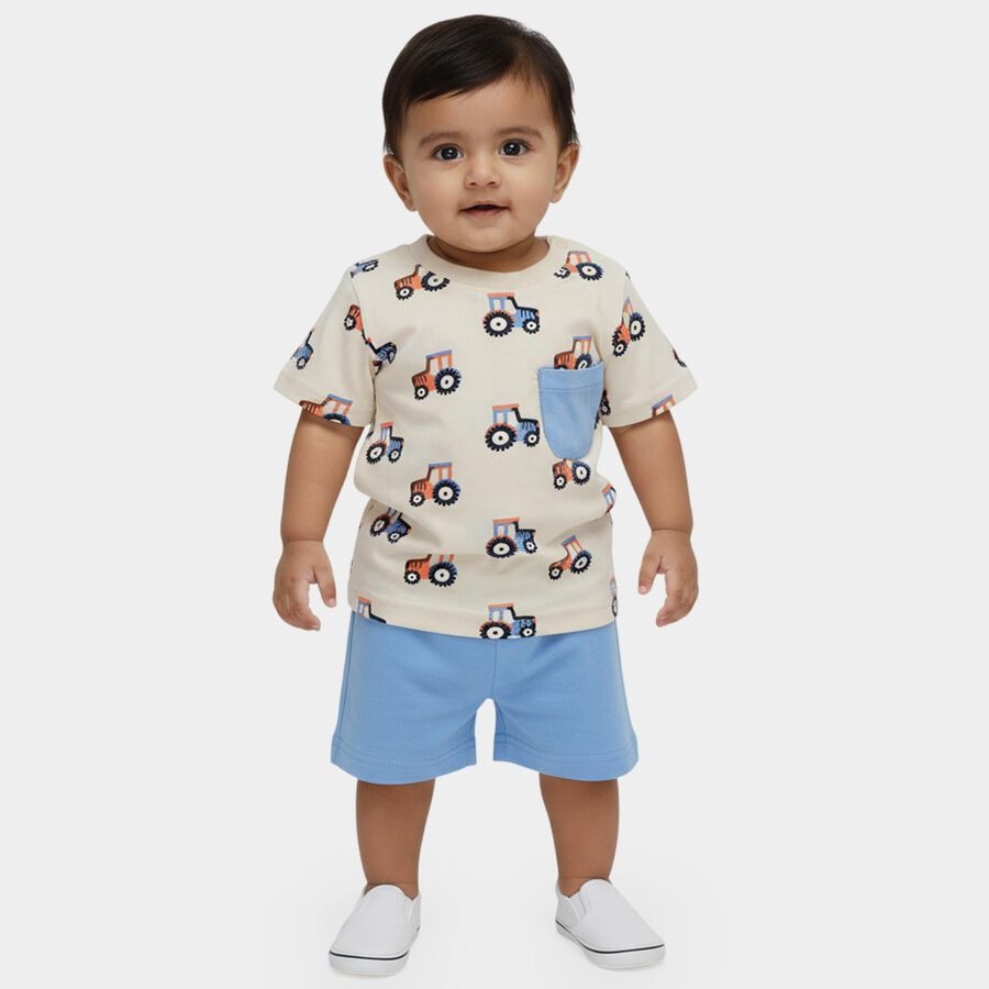 Infants' Blue Cotton Round Neck Tractor Printed Baby Suit