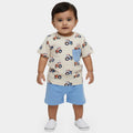 Infants' Blue Cotton Round Neck Tractor Printed Baby Suit