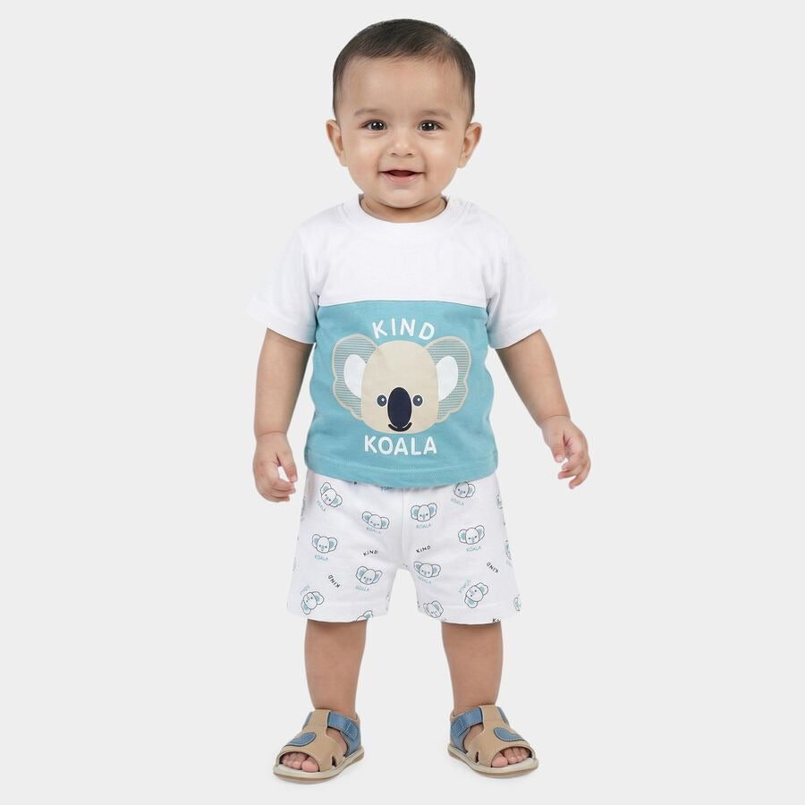 Infants Teal Blue Cotton Round Neck Koala Printed Baby Suit