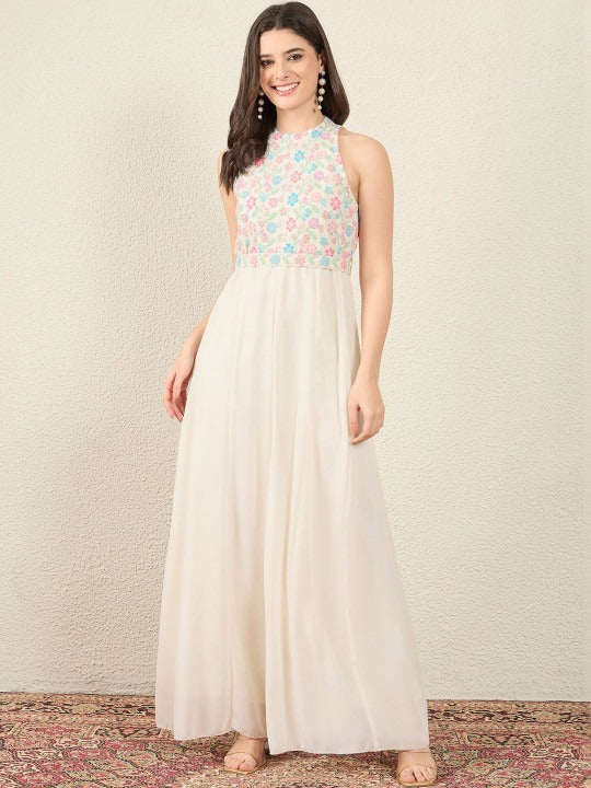 Halter Neck Basic Jumpsuit with Embroidered