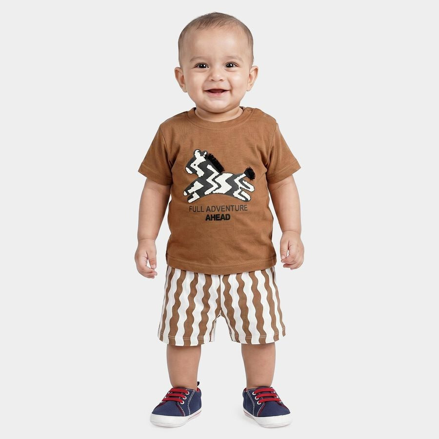 Brown Cotton Round Neck Graphic Print Baby Suit