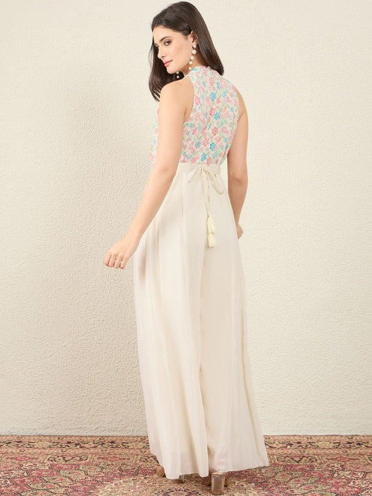 Halter Neck Basic Jumpsuit with Embroidered