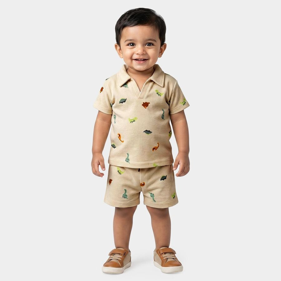 Infants' Off White 100% Cotton Polo Neck Dinosaur Printed Baby Suit