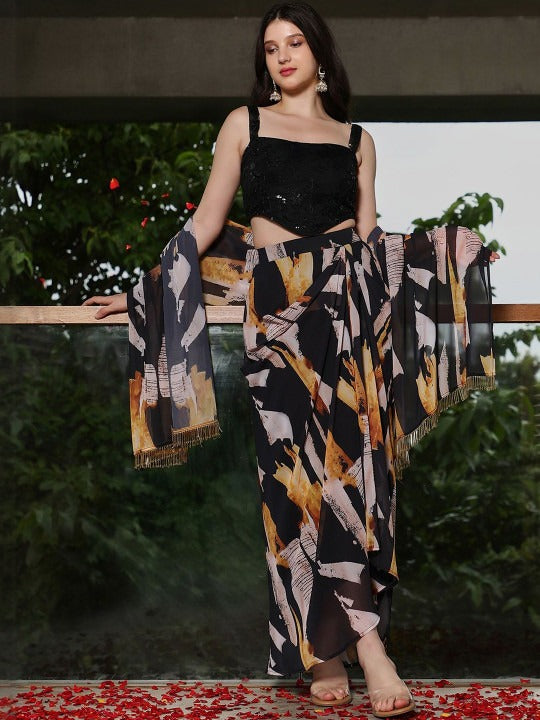 Printed Square Neck Top With Skirt Co-Ords