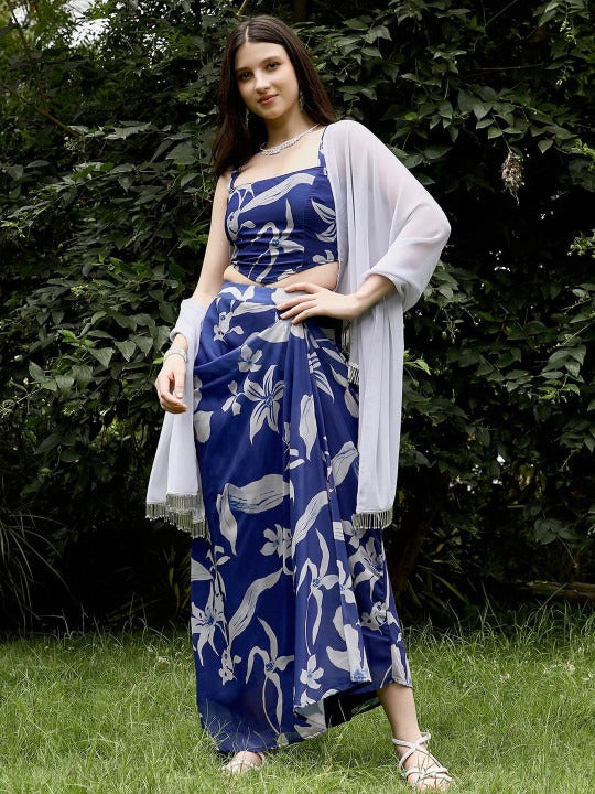 Blue and White Floral Printed Square Neck Top With Skirt Co-Ords