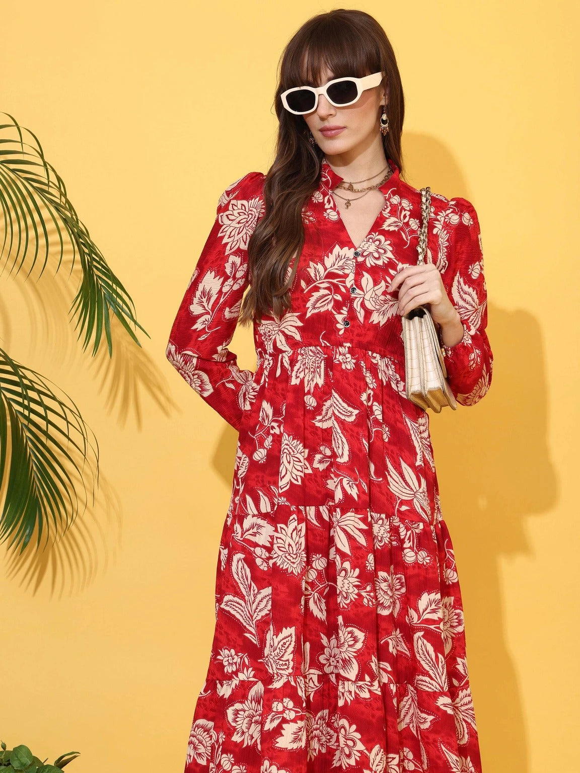 Women Fit and Flare Red, White Below Knee Dress
