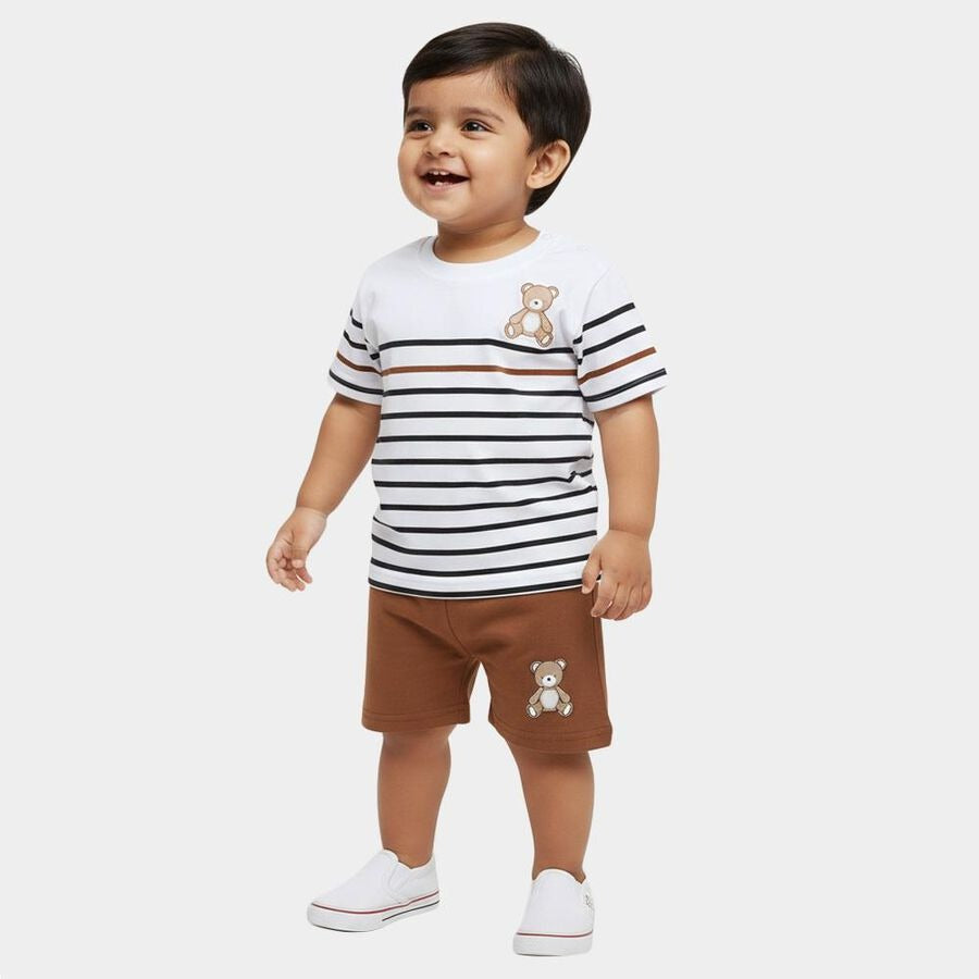 Infants' Beige Cotton Round Neck Striped Baba Suit