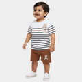 Infants' Beige Cotton Round Neck Striped Baba Suit