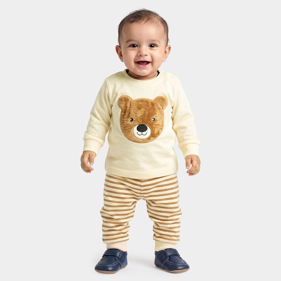 Beige 100% Cotton Round Neck Teddy Appliqué Baby Suit