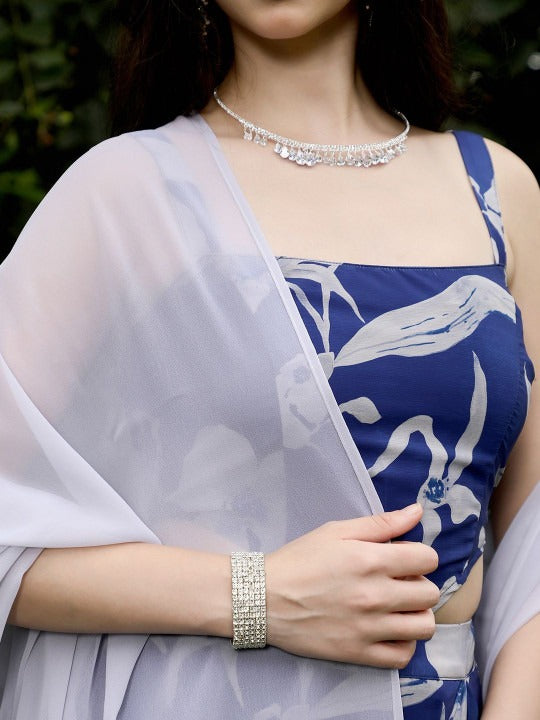 Blue and White Floral Printed Square Neck Top With Skirt Co-Ords