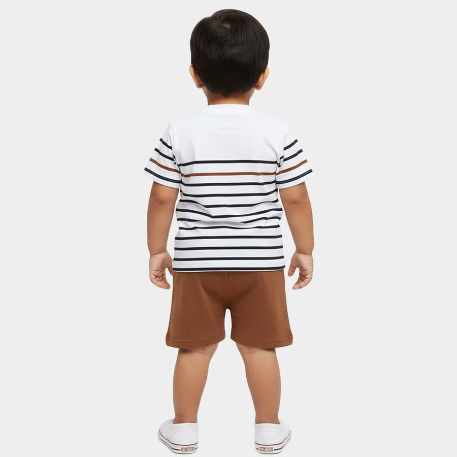 Infants' Beige Cotton Round Neck Striped Baba Suit