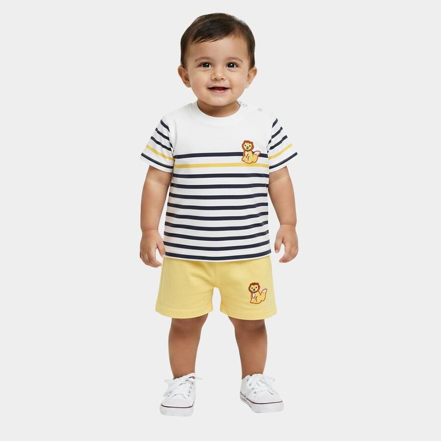 Infants' Yellow Cotton Round Neck Striped Baby Suit