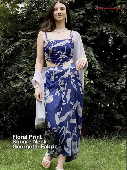 Blue and White Floral Printed Square Neck Top With Skirt Co-Ords