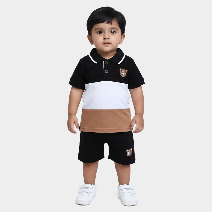 Black 100% Cotton Polo Neck Color block Baby Suit