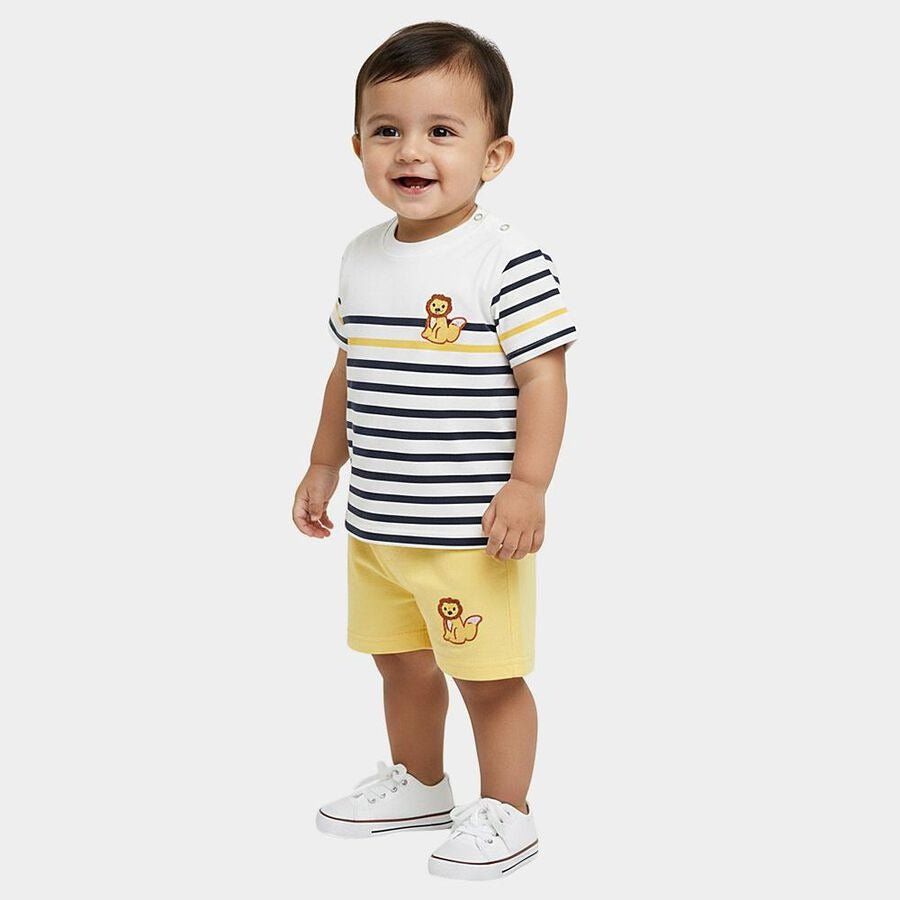 Infants' Yellow Cotton Round Neck Striped Baby Suit