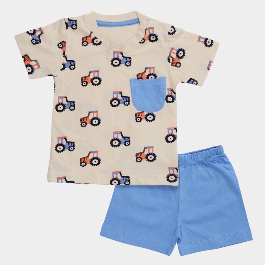 Infants' Blue Cotton Round Neck Tractor Printed Baby Suit